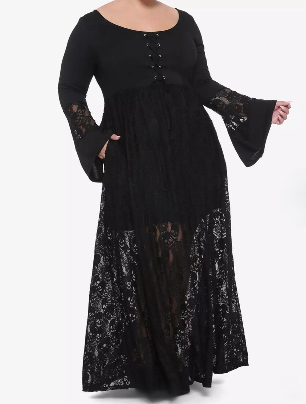 Hot Topic Skull Lace Bell Sleeve Maxi Dress Women's Large Black Goth Witchy Dark